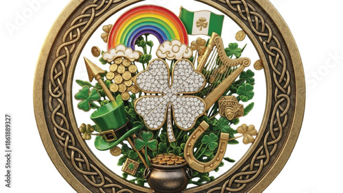 St Patricks Day Emblem with Rainbow Harp and Pot of Gold