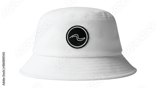 White bucket hat with black and white on front black and white hat