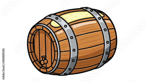 Wooden Barrel with Metal Hoops and Spigot brown cylindrical