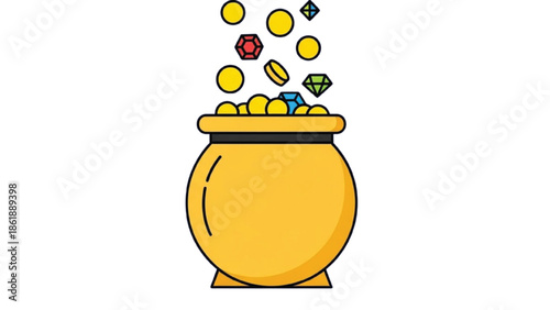 Yellow pot overflowing with gold coins and colorful gems