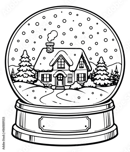 Hand drawn line art illustration of a snow globe depicting a winter house scene with falling snow for Christmas and holiday decorations