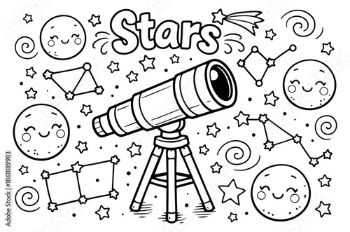 Hand drawn line art space elements set featuring a telescope, smiling moons, stars, constellations and 'Stars' text for children's designs