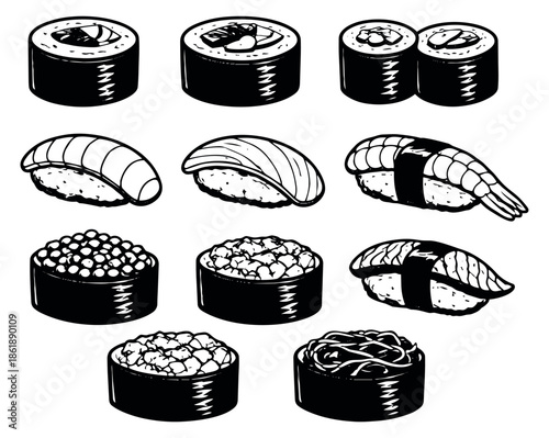 Hand drawn line art sushi set featuring different types of maki, nigiri, and gunkan for restaurant menus and asian food designs