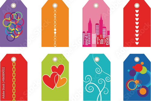 Colorful Gift Tag Collection with Hearts, City Skyline, Geometric Circles, Chains, and Swirls for Birthday, Valentine, and Special Occasion Stationery Decor