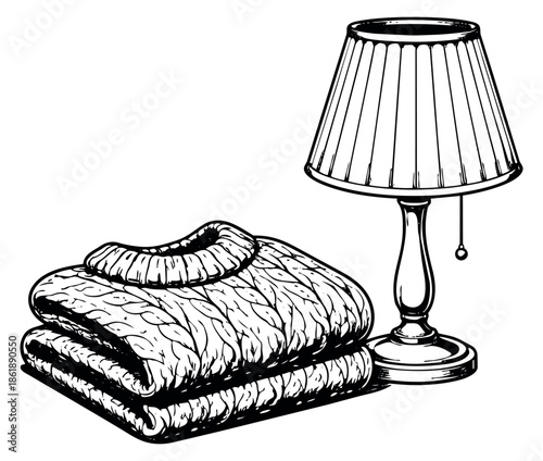Hand drawn line art home items set featuring a folded knit sweater and a table lamp for cozy ambiance