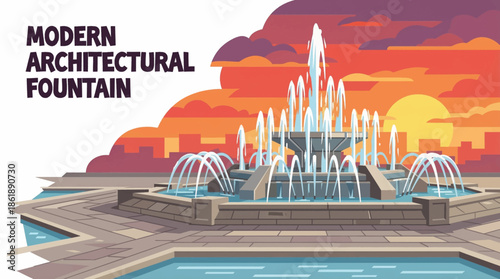 modern fountain with geometric lines and synchronized water jets highlights contemporary urban design, minimal architecture, and dynamic movement in a public outdoor environment