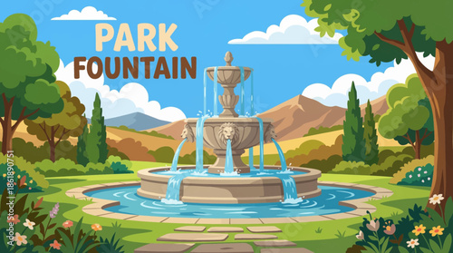 park fountain blends into a natural landscape, combining water movement with open green spaces, trees, and pathways to enhance outdoor recreation and scenic environments
