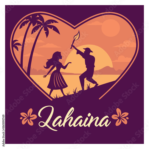 Lahaina Maui Hawaii Luau Dancers Silhouette in Heart Shape at Sunset