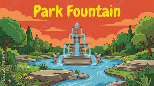 park fountain blends into a natural landscape, combining water movement with open green spaces, trees, and pathways to enhance outdoor recreation and scenic environments