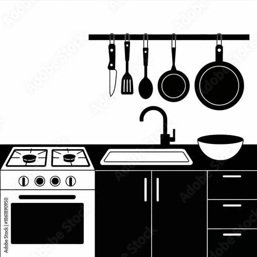 Modern Kitchen Setup with Cooking Utensils and Appliances