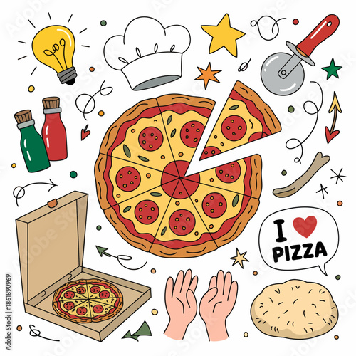 Illustrated Pizza Love with Toppings and Accessories