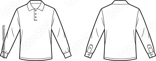 White long sleeve polo shirt front and back view vector illustration mockup for men fashion apparel design templates