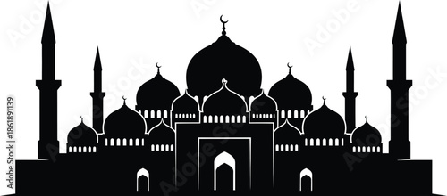 Mosque silhouette with domes and minarets
