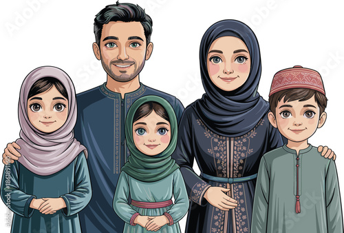Happy Muslim Family Illustration with Father Mother and Three Children in Traditional Clothing