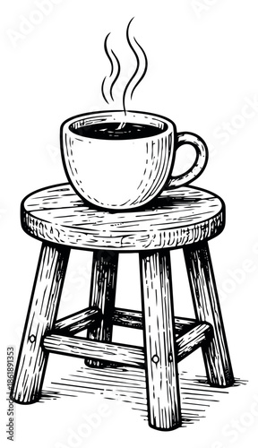 Hand drawn line art illustration of a cup of steaming coffee on a wooden stool depicting warmth and comfort for beverage and relaxation themes