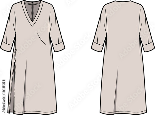 White V neck midi dress front and back view vector illustration mockup for women fashion apparel design sewing templates
