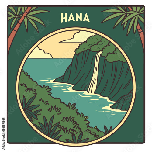 Hana Maui tropical waterfall and ocean cliff scenic circle badge