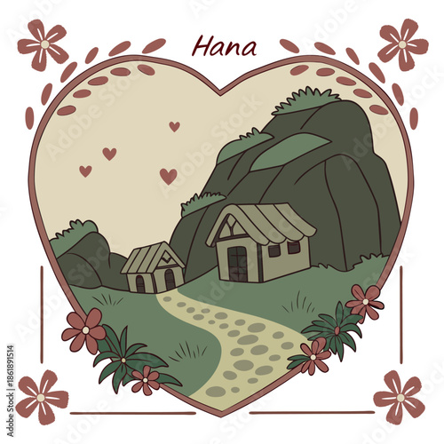 Hana Maui mountain village landscape with huts in heart shape