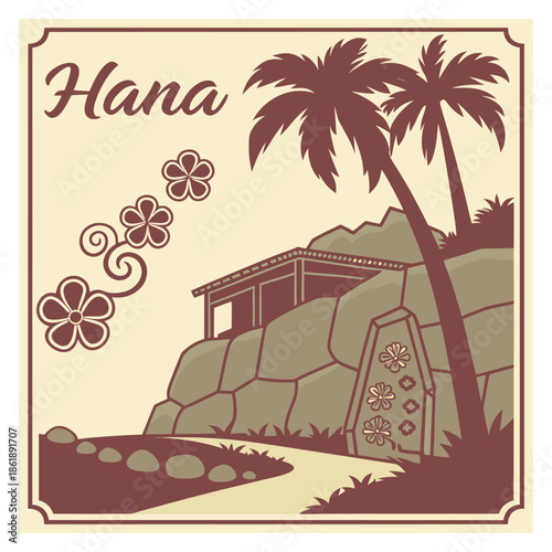 Hana Maui scenic stone wall landmark and palm trees vintage poster