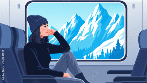 Young woman in warm clothing enjoying a scenic mountain view from a train window, vector illustration