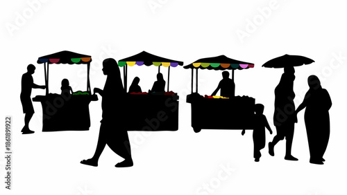 Vibrant street market scene with people shopping