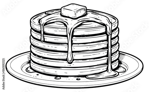 Hand drawn line art illustration of pancakes depicting syrup and butter for breakfast