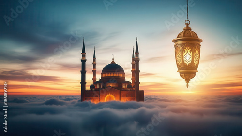 Islamic Mosque at Sunset with Floating Ornate Lantern in Clouds Ramadan Concept Art