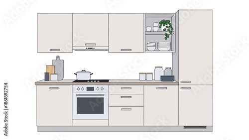 A modern, minimalist kitchen with light-colored cabinets, a white oven, and various countertop appliances and decor.