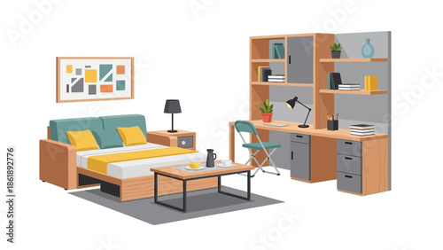 A compact studio apartment featuring a bed, a coffee table, a desk with a chair, and shelving units, all in a modern design.