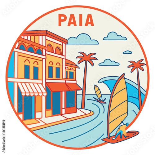 Paia Town Windsurfing and Architecture Badge Vector Illustration