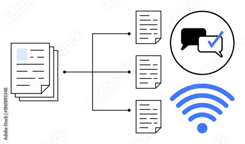 Central stack of documents branching into smaller files, speech bubbles with checkmarks, and wireless icon. Ideal for file sharing, communication, workflow, cloud storage, teamwork, connectivity