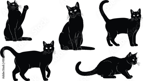 Black cat silhouettes collection with different poses like sitting, walking and stretching, isolated vector illustration set of domestic feline animals