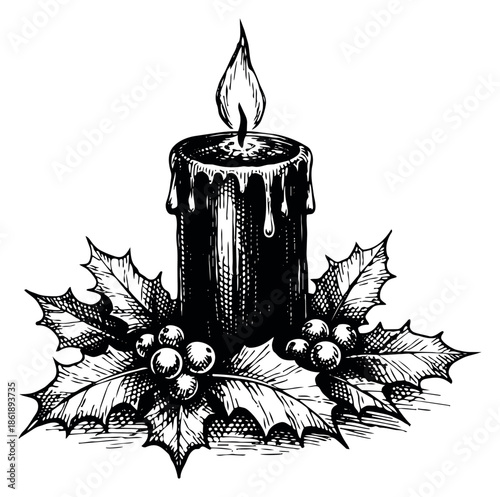 Hand drawn line art illustration of a festive candle depicting a burning flame surrounded by holly for Christmas celebrations
