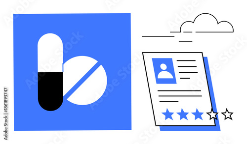 Pill and capsule next to a user profile card with rating stars and a light cloud design. Ideal for healthcare, reviews, feedback, patient care, user satisfaction, medicine, simple flat metaphor