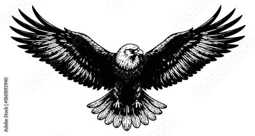 Hand drawn line art illustration of an eagle depicting powerful flight for a majestic design