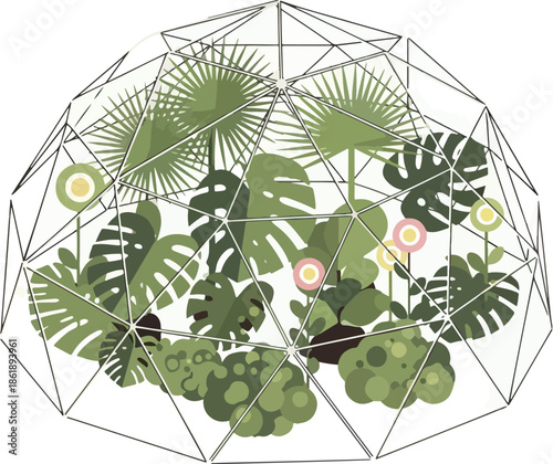 A geodesic dome structure containing various tropical plants and stylized flowers