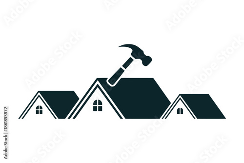 Dark blue silhouette of a hammer hitting a roof on a row of houses home construction