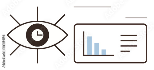 Eye with clock imagery overseeing bar chart and list, symbolizing efficiency, focus, and data insight. Ideal for productivity, analysis, time management, vision, monitoring strategy with simple flat