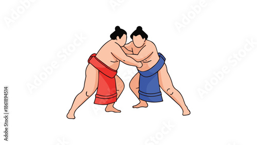 Two powerful sumo wrestlers engage in an intense traditional Japanese combat match, showcasing strength and ancient martial arts in a dynamic illustration