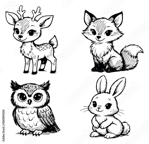 Hand drawn line art cute animal character set featuring a deer, fox, owl, and rabbit for children's designs