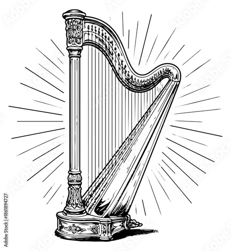 Hand drawn illustration of a classical harp depicting radiating lines for artistic design