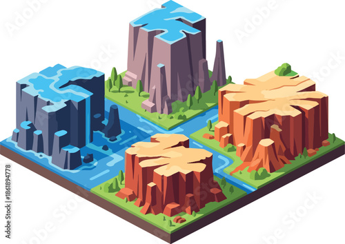 Isometric diorama of four contrasting biomes separated by water channels