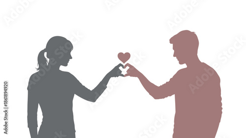 Vector silhouette of a man and woman exchanging a heart on Valentine's Day against a clean white background.