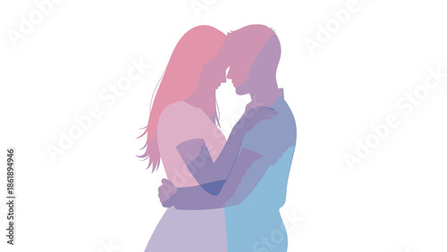 Vector silhouette of a couple embracing on Valentine's Day against a clean white background with pink and blue hues.