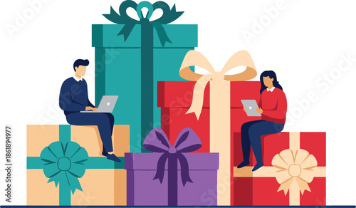 Online holiday shopping and e-commerce concept with people sitting on giant gift boxes using laptop and tablet for seasonal sales