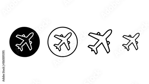 A collection of four distinct minimalist airplane icons is presented horizontally across a white space offering various styles for aviation related concepts including a solid white plane in a black ci