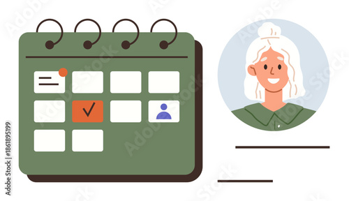 Green calendar with marked tasks, profile of smiling woman, horizontal lines for notes. Ideal for planning, organization, scheduling, reminders, productivity, appointments and task management