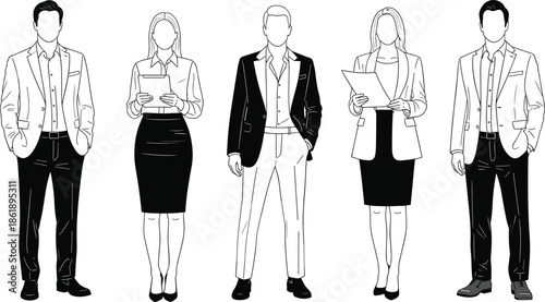 Professional vector illustration of business people standing, modern flat line art of corporate characters in suits isolated on white background,