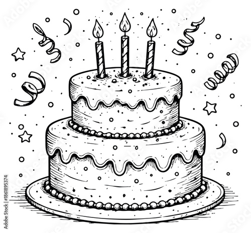 Hand drawn line art illustration of a birthday cake depicting lit candles, confetti, and streamers for celebrations and parties