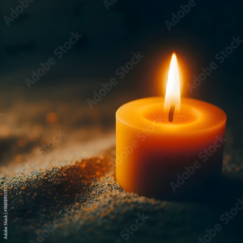 Close up Burning yellow candlelight on sandbox in dark background, making merit, faith or believe, prayer in respect, peaceful concept, religion